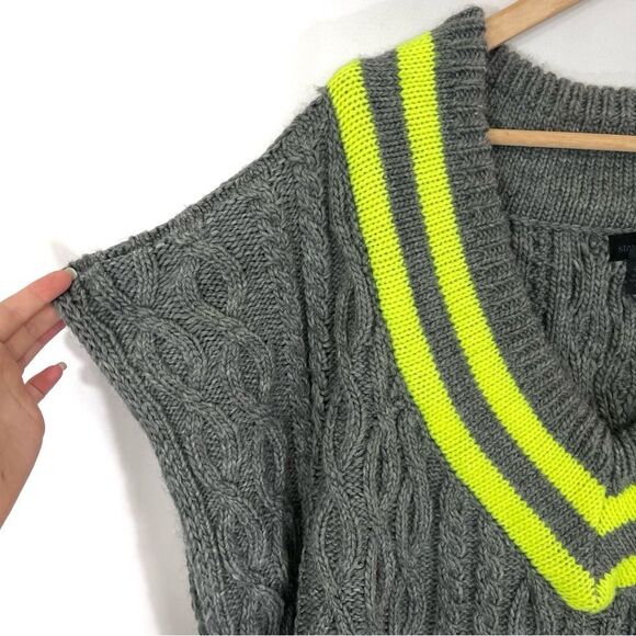 Steve Madden Womens Neon Stripe Fringe Knit Poncho Sweater OS Gray Fall Winter - Picture 5 of 9